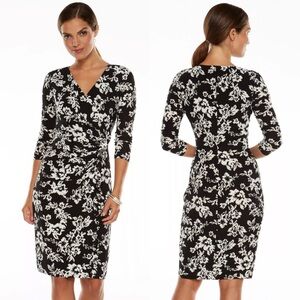 Chaps Floral Ikat Print Black & White Surplice Dress Size Medium